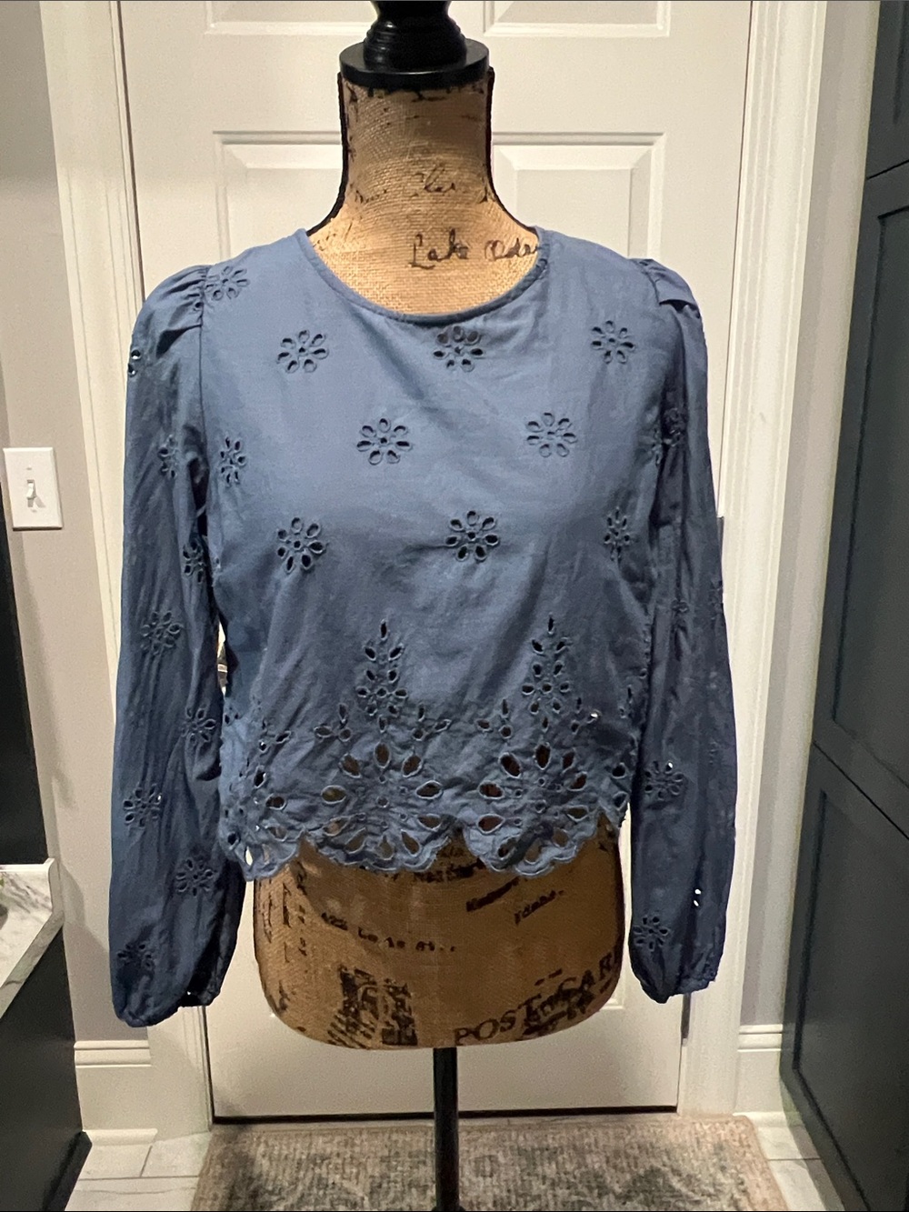 American Eagle Sz XS Blue Eyelet Scalloped Crop Top Boho Coastal Cottagecore